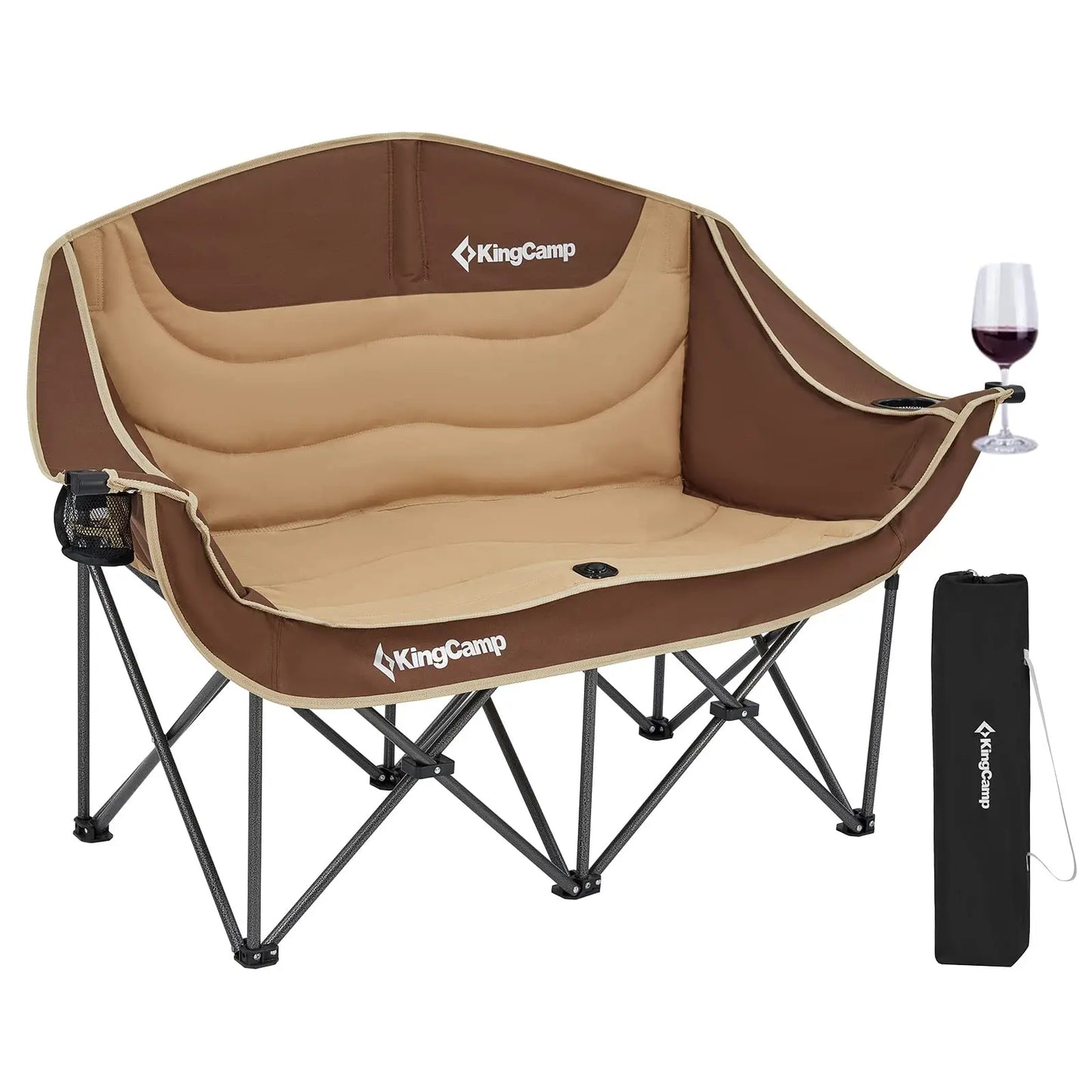 Kingcamp Oversized Double Camping Chair for Adults, Folding Padded Loveseat with Cup and Wine Glass Holders, Supports 440 lbs, Adjustable Portable Outdoor Couch