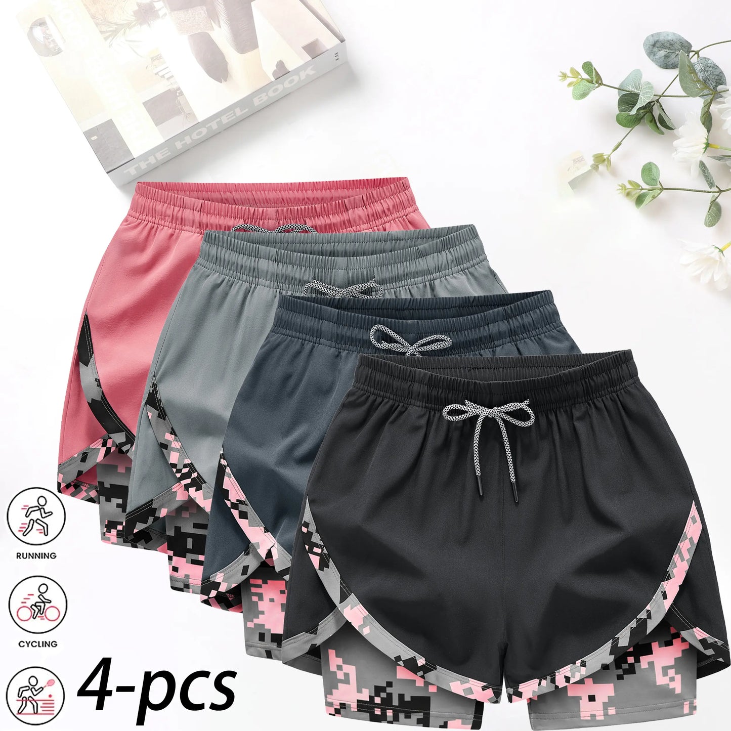 4-Pack Women's 2-in-1 Camouflage Running Shorts - Quick-Drying, Anti-Chafing Sportswear for Gym, Yoga, and Outdoor Activities