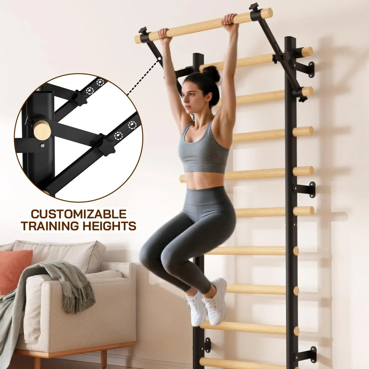 COFIYARD Wall-Mounted Wooden Swedish Ladder Gym with Pull-Up Bar, Dip Bars, and Workout Straps for Comprehensive Home Fitness Training