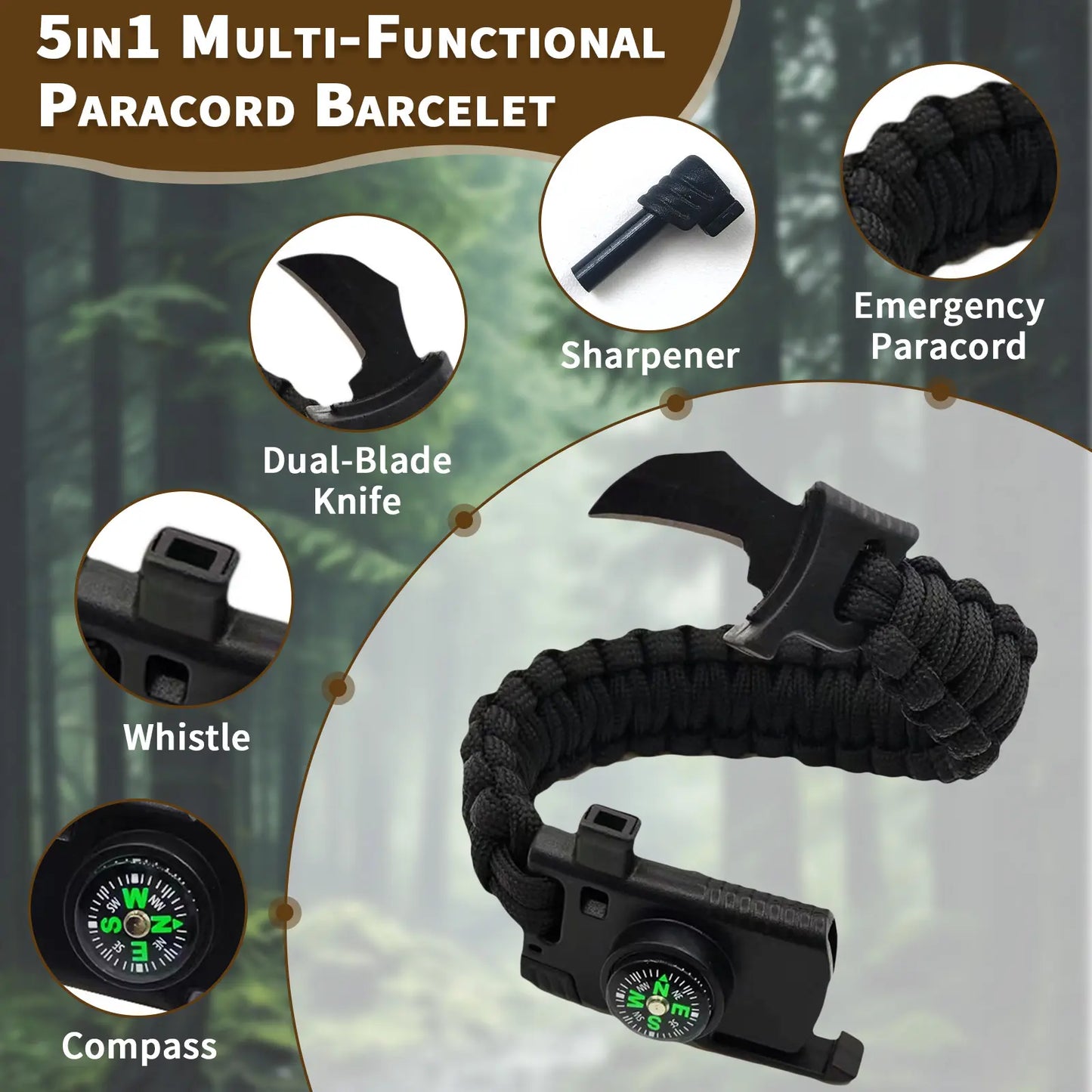 5-in-1 Multifunctional Disposable Paracord Bracelet - Fire Starter, Whistle, Compass, Mini Saw - Essential Outdoor Survival Gear for Hiking and Bushcraft Camping