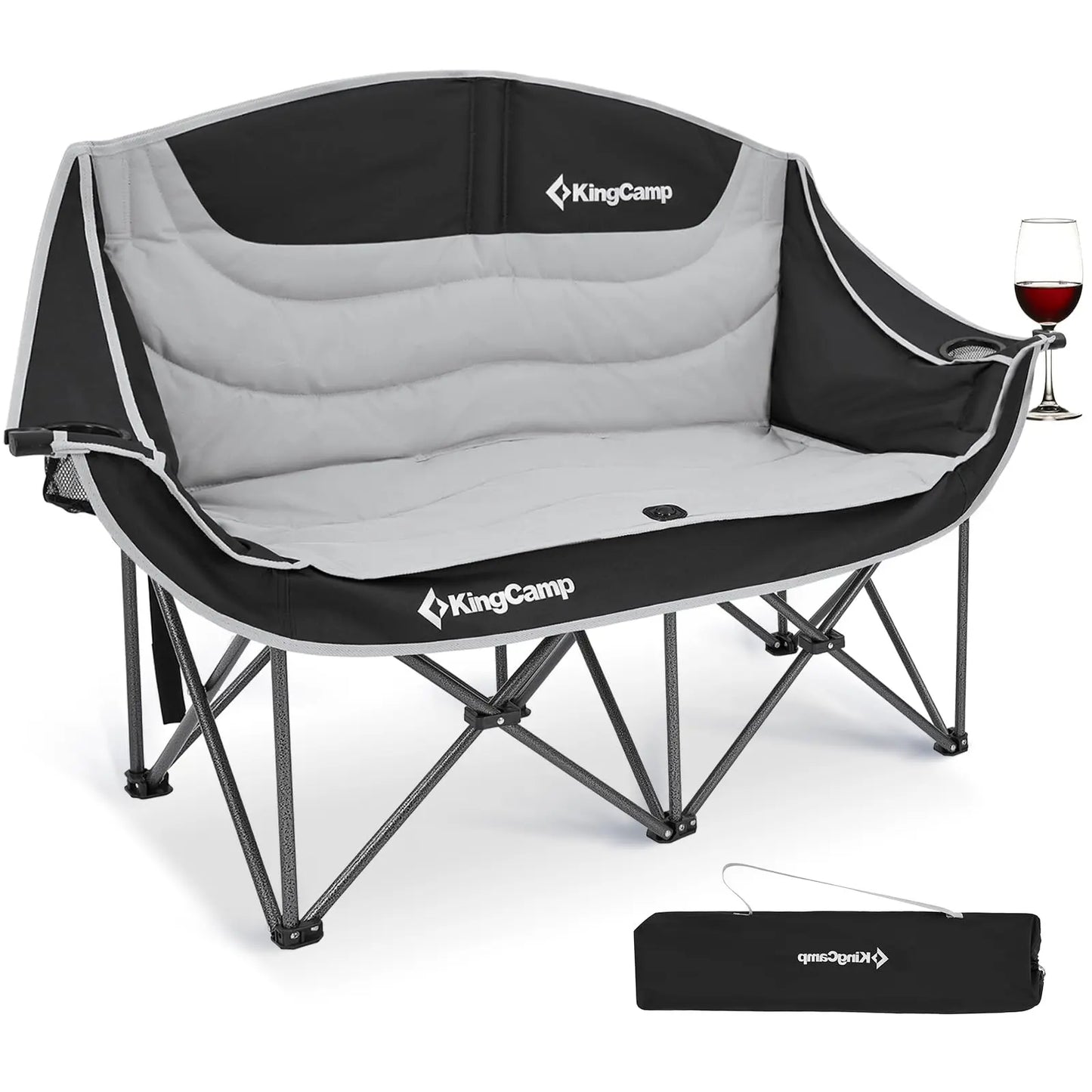 Kingcamp Oversized Double Camping Chair for Adults, Folding Padded Loveseat with Cup and Wine Glass Holders, Supports 440 lbs, Adjustable Portable Outdoor Couch