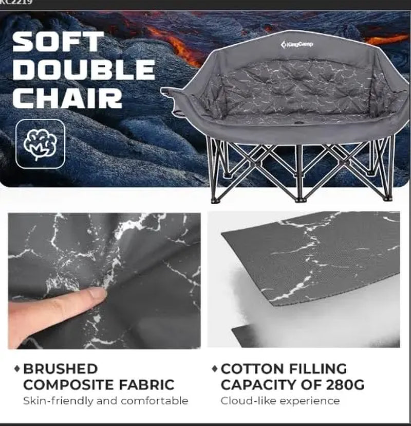 Kingcamp Oversized Double Camping Chair for Adults, Folding Padded Loveseat with Cup and Wine Glass Holders, Supports 440 lbs, Adjustable Portable Outdoor Couch