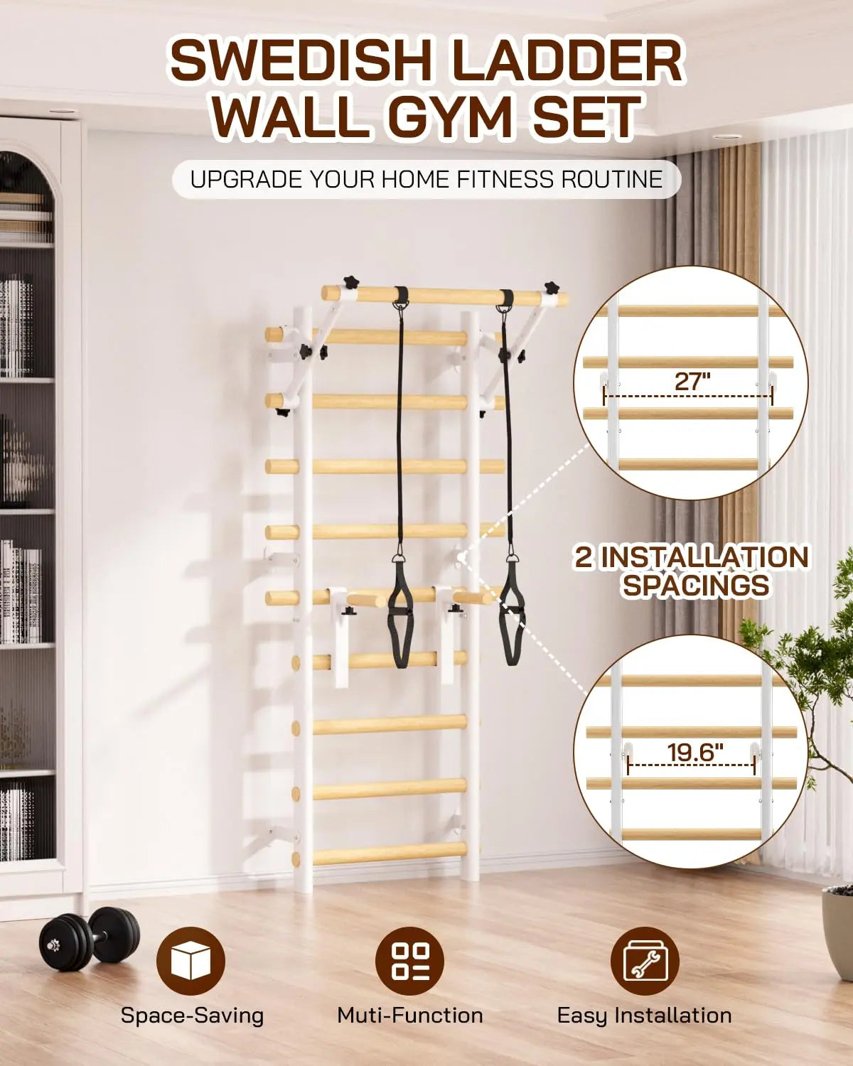 COFIYARD Wall-Mounted Wooden Swedish Ladder Gym with Pull-Up Bar, Dip Bars, and Workout Straps for Comprehensive Home Fitness Training