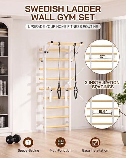 COFIYARD Wall-Mounted Wooden Swedish Ladder Gym with Pull-Up Bar, Dip Bars, and Workout Straps for Comprehensive Home Fitness Training