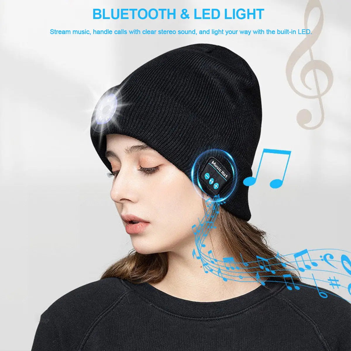 Bluetooth Beanie Hat with LED Headlight and Removable Speakers - USB Rechargeable Knit Winter Accessory for Music, Calls, and Outdoor Activities