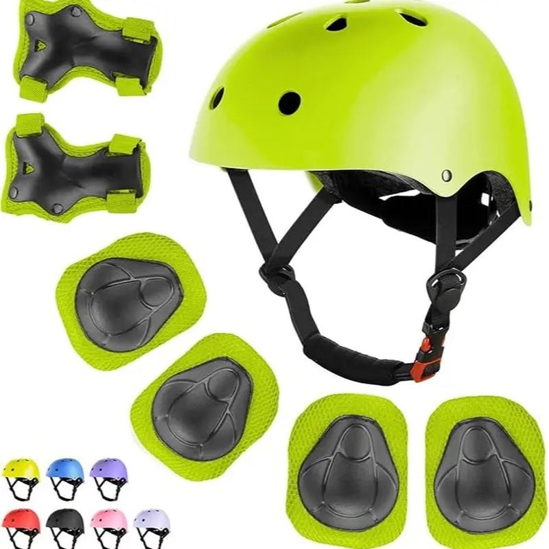 7-Piece Youth Protective Gear Set - Adjustable Helmet with Knee, Elbow, and Wrist Pads for Skateboarding, Biking, and Scootering (Ages 6-12)