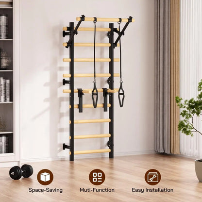 COFIYARD Wall-Mounted Wooden Swedish Ladder Gym with Pull-Up Bar, Dip Bars, and Workout Straps for Comprehensive Home Fitness Training