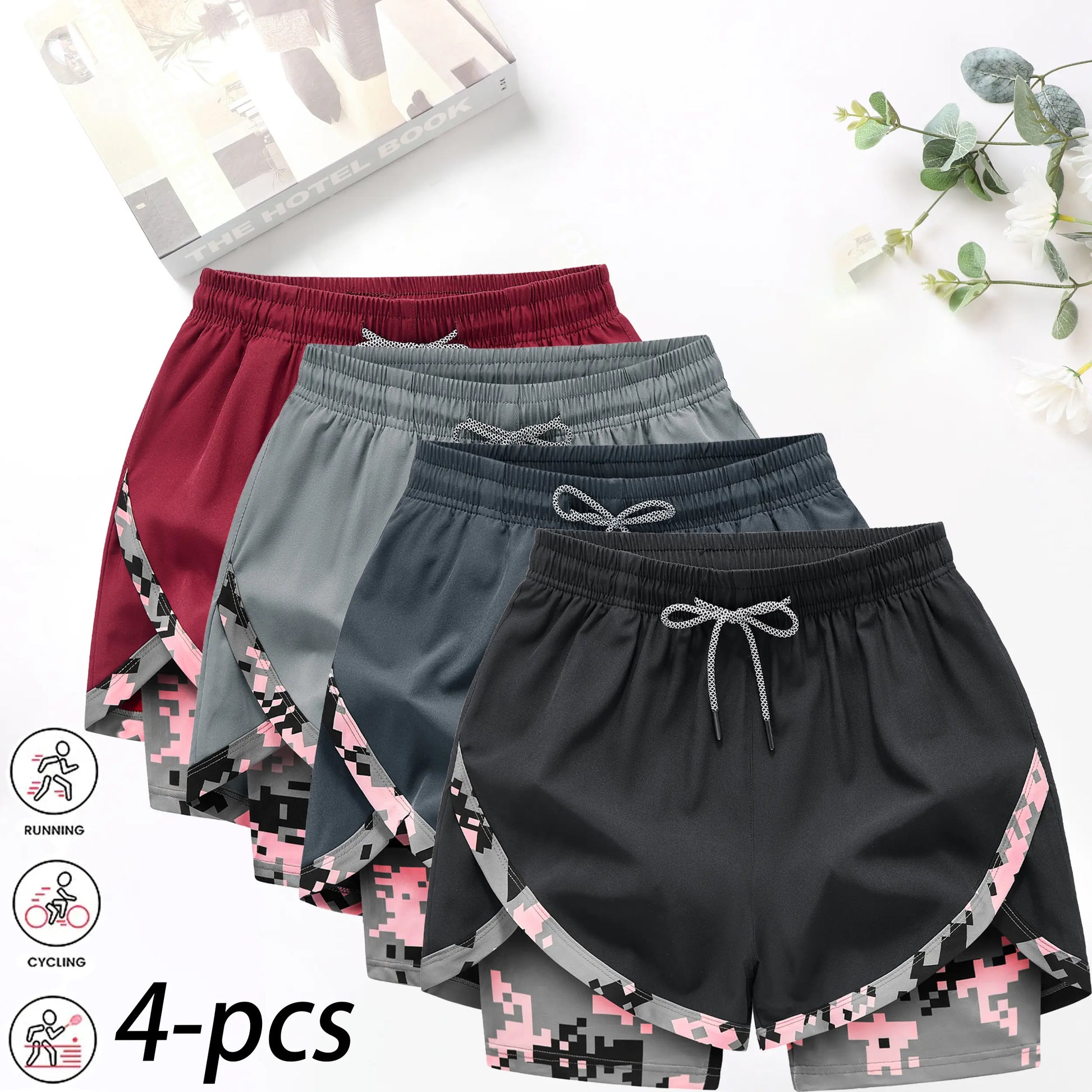 4-Pack Women's 2-in-1 Camouflage Running Shorts - Quick-Drying, Anti-Chafing Sportswear for Gym, Yoga, and Outdoor Activities