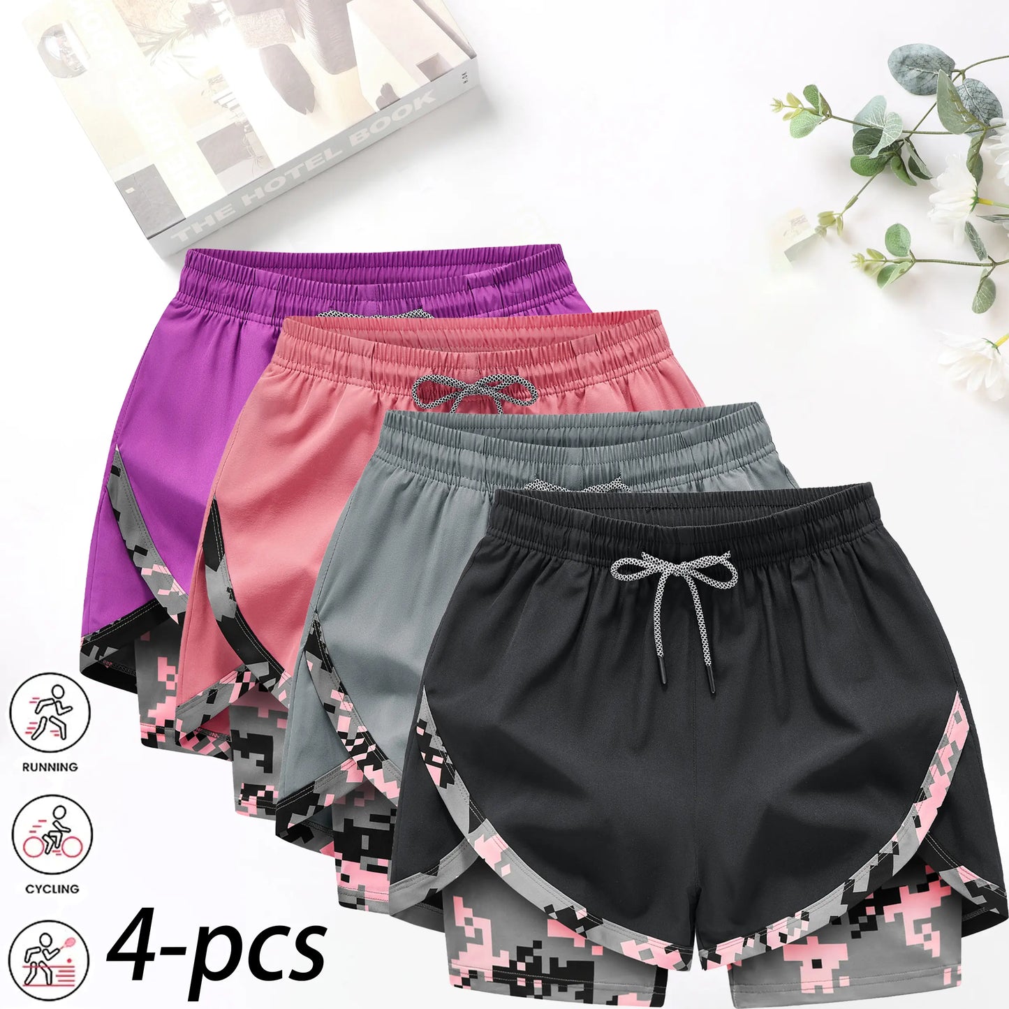 4-Pack Women's 2-in-1 Camouflage Running Shorts - Quick-Drying, Anti-Chafing Sportswear for Gym, Yoga, and Outdoor Activities