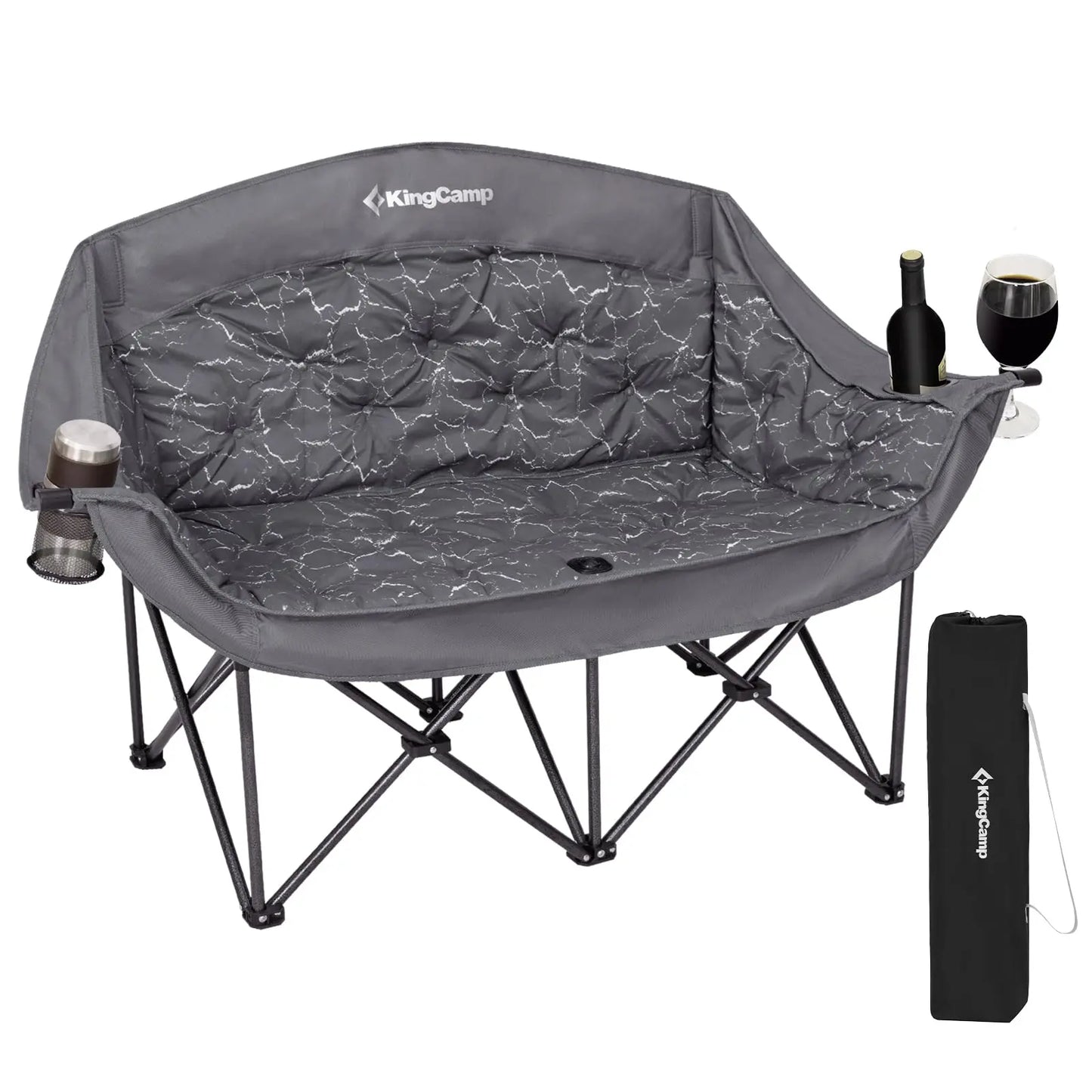 Kingcamp Oversized Double Camping Chair for Adults, Folding Padded Loveseat with Cup and Wine Glass Holders, Supports 440 lbs, Adjustable Portable Outdoor Couch
