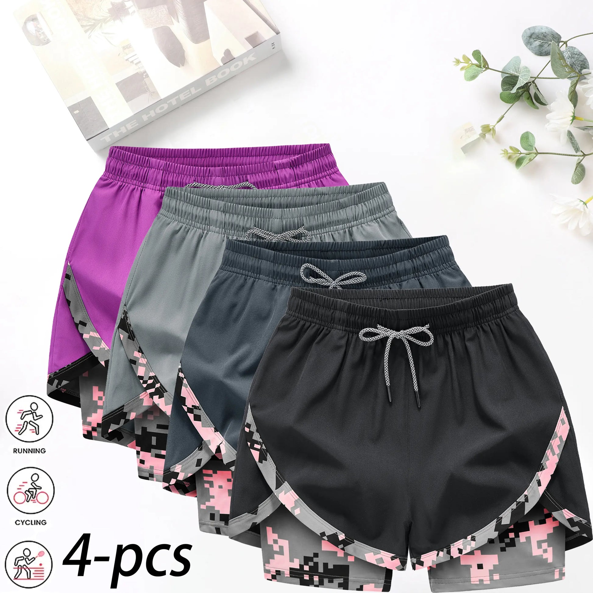 4-Pack Women's 2-in-1 Camouflage Running Shorts - Quick-Drying, Anti-Chafing Sportswear for Gym, Yoga, and Outdoor Activities