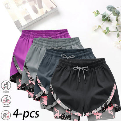 4-Pack Women's 2-in-1 Camouflage Running Shorts - Quick-Drying, Anti-Chafing Sportswear for Gym, Yoga, and Outdoor Activities