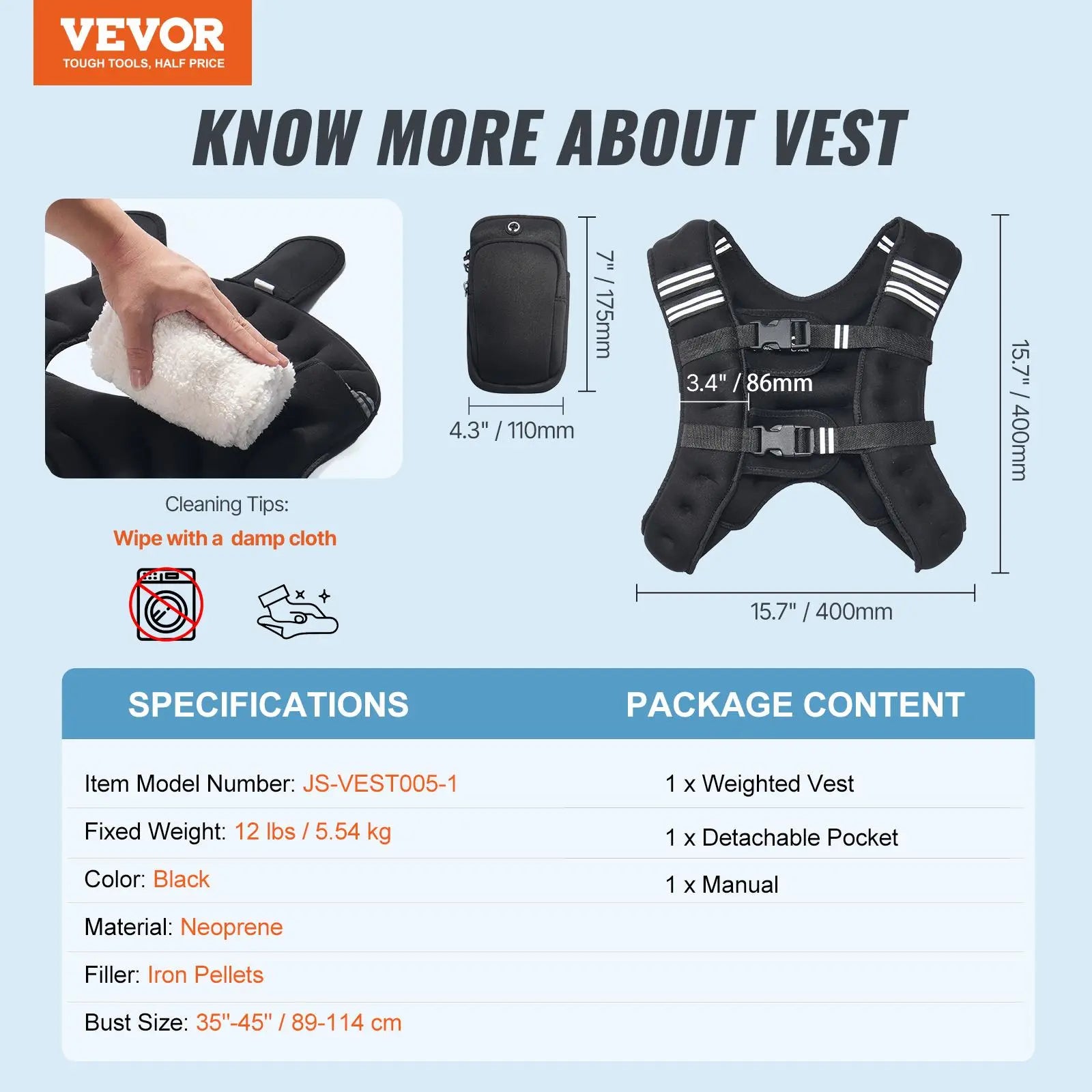 Vevor 12 lbs Weighted Vest with Reflective Stripe - Adjustable Body Weight Vest for Men and Women, Ideal for Strength Training, Running, Jogging, and Fitness Enhancement