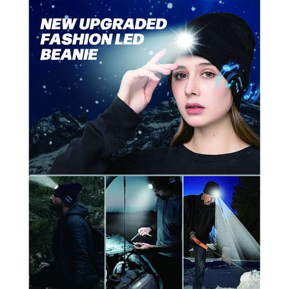 Bluetooth Beanie Hat with LED Headlight and Removable Speakers - USB Rechargeable Knit Winter Accessory for Music, Calls, and Outdoor Activities