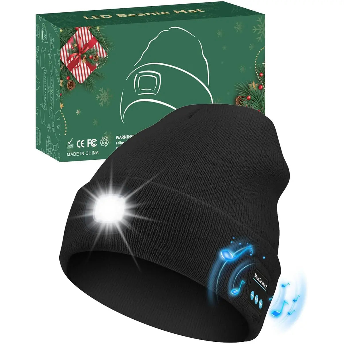 Bluetooth Beanie Hat with LED Headlight and Removable Speakers - USB Rechargeable Knit Winter Accessory for Music, Calls, and Outdoor Activities