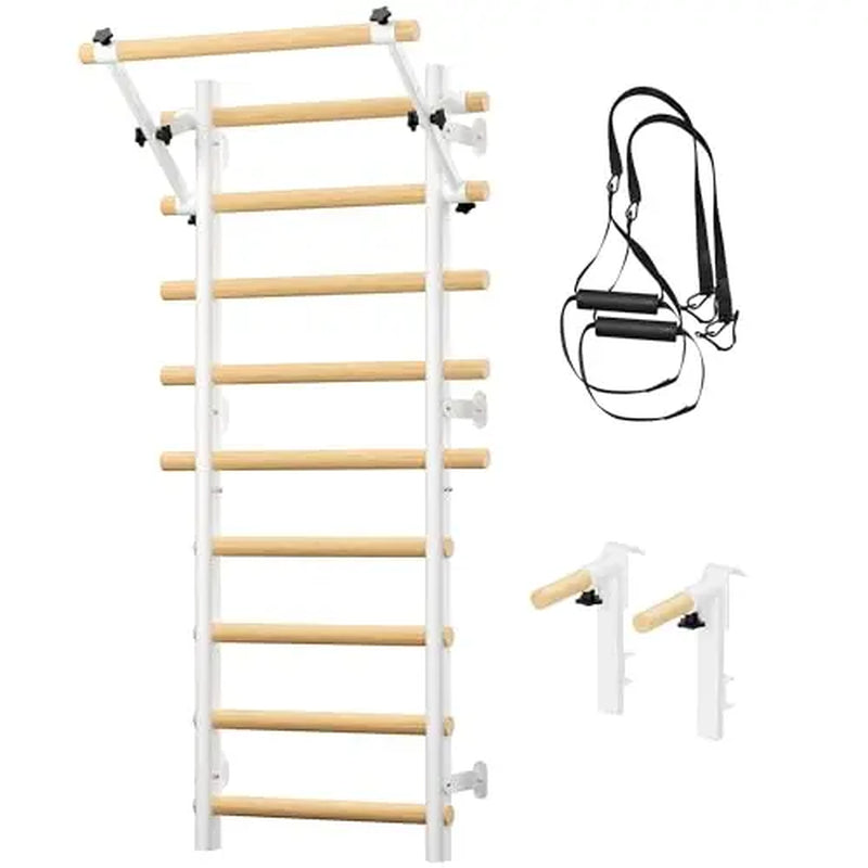 COFIYARD Wall-Mounted Wooden Swedish Ladder Gym with Pull-Up Bar, Dip Bars, and Workout Straps for Comprehensive Home Fitness Training