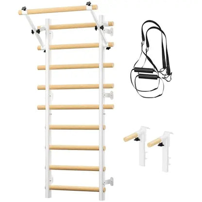 COFIYARD Wall-Mounted Wooden Swedish Ladder Gym with Pull-Up Bar, Dip Bars, and Workout Straps for Comprehensive Home Fitness Training