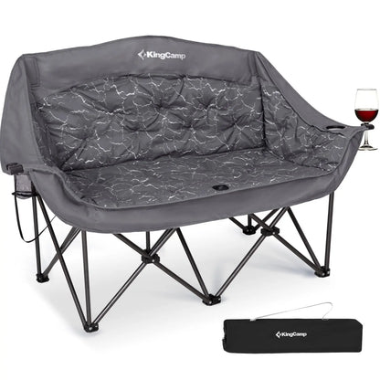 Kingcamp Oversized Double Camping Chair for Adults, Folding Padded Loveseat with Cup and Wine Glass Holders, Supports 440 lbs, Adjustable Portable Outdoor Couch