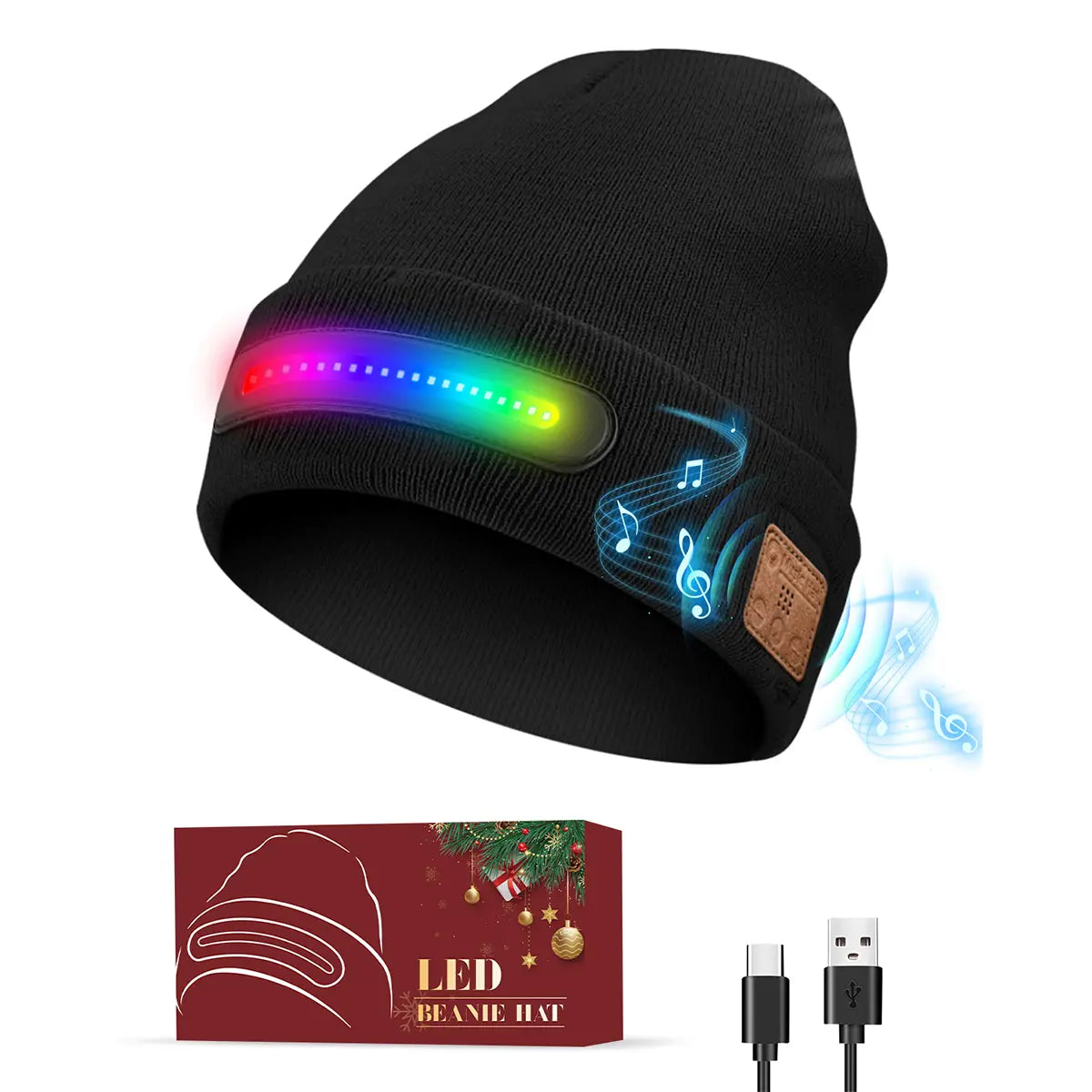 Bluetooth Beanie Hat with LED Headlight and Removable Speakers - USB Rechargeable Knit Winter Accessory for Music, Calls, and Outdoor Activities