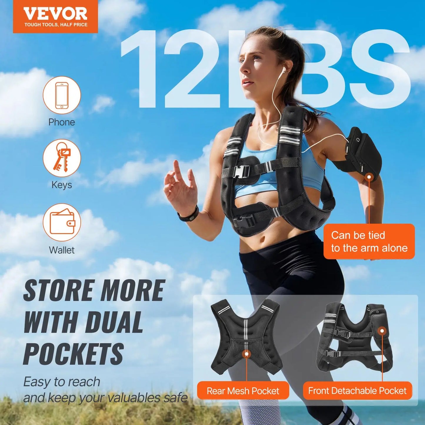 Vevor 12 lbs Weighted Vest with Reflective Stripe - Adjustable Body Weight Vest for Men and Women, Ideal for Strength Training, Running, Jogging, and Fitness Enhancement