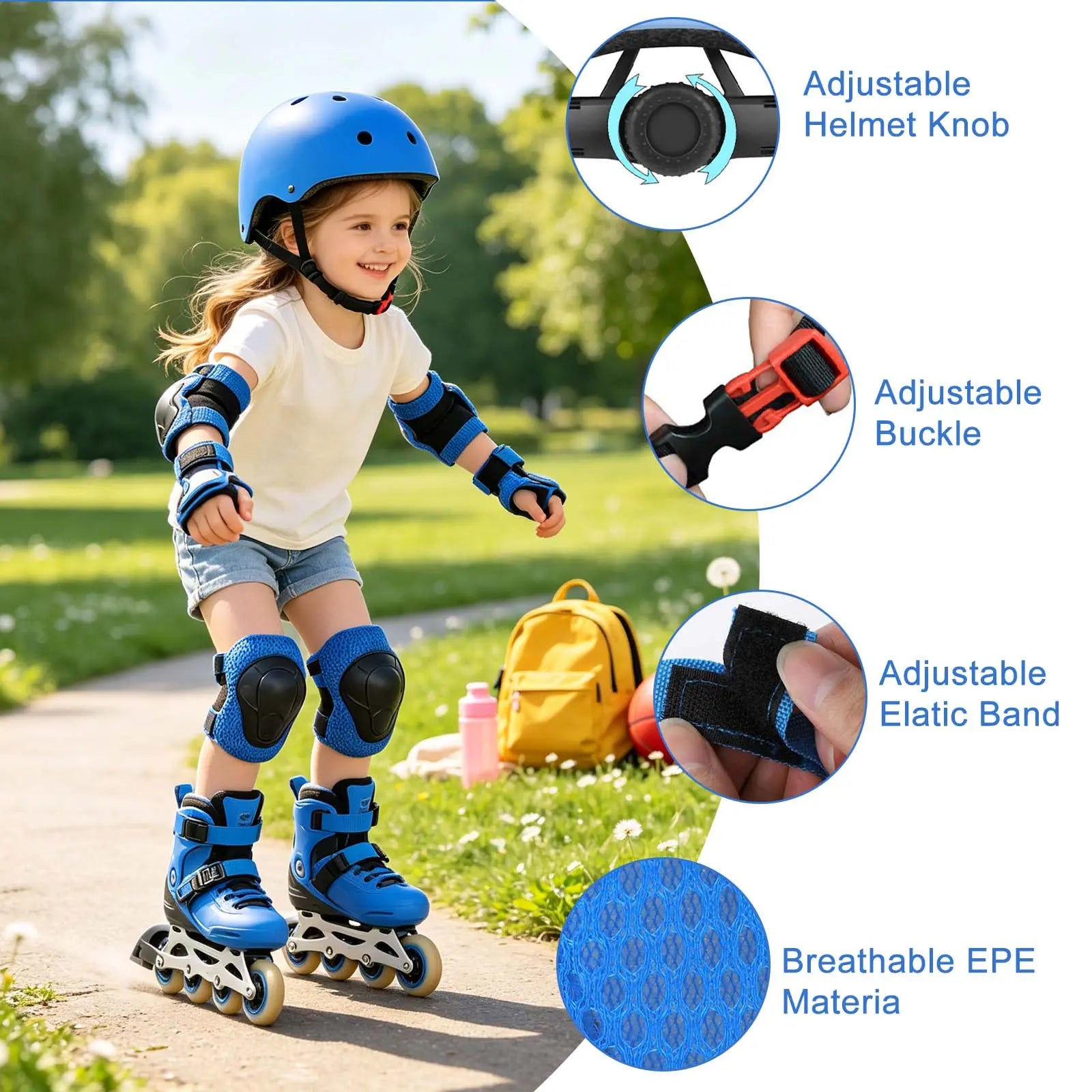 7-Piece Youth Protective Gear Set - Adjustable Helmet with Knee, Elbow, and Wrist Pads for Skateboarding, Biking, and Scootering (Ages 6-12)