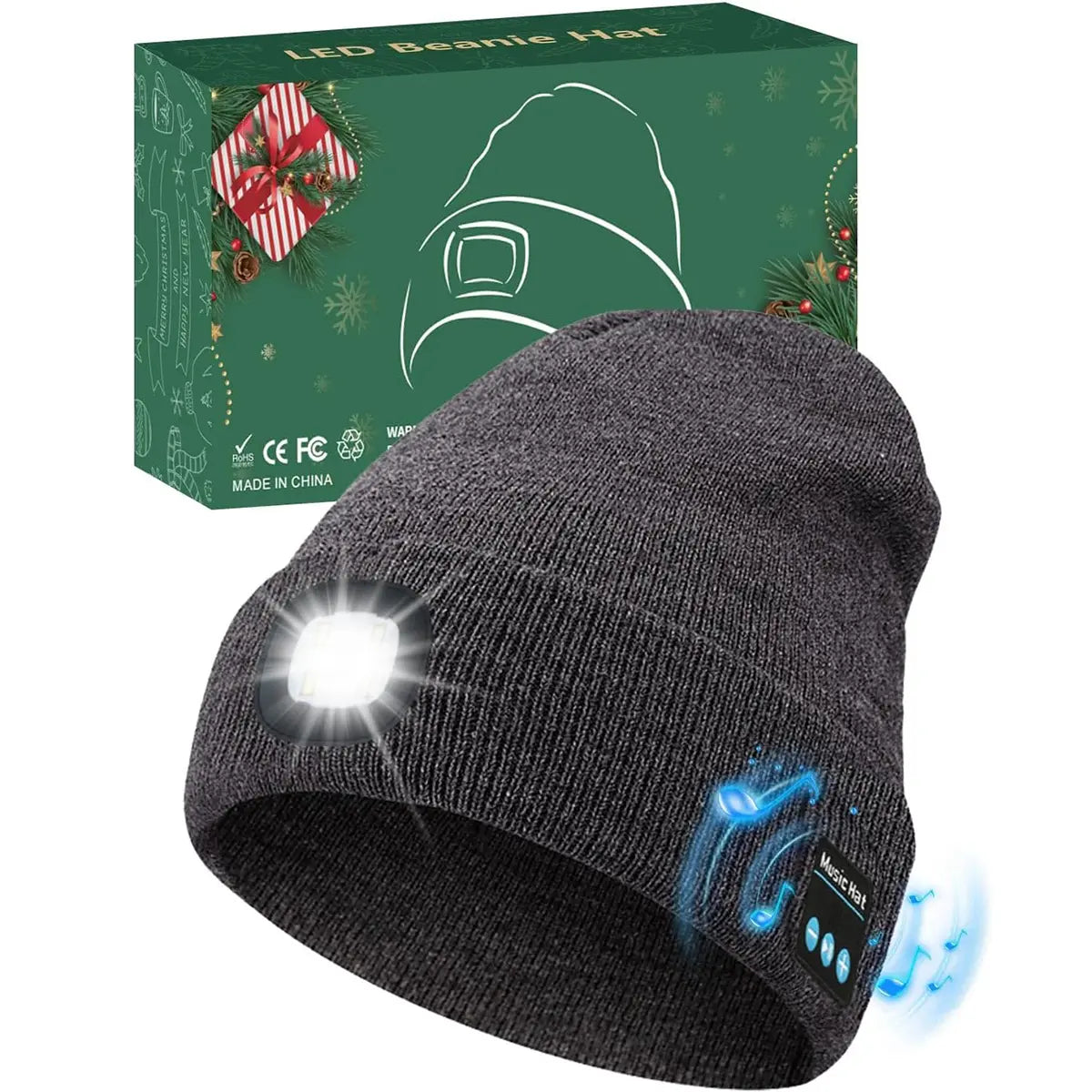 Bluetooth Beanie Hat with LED Headlight and Removable Speakers - USB Rechargeable Knit Winter Accessory for Music, Calls, and Outdoor Activities