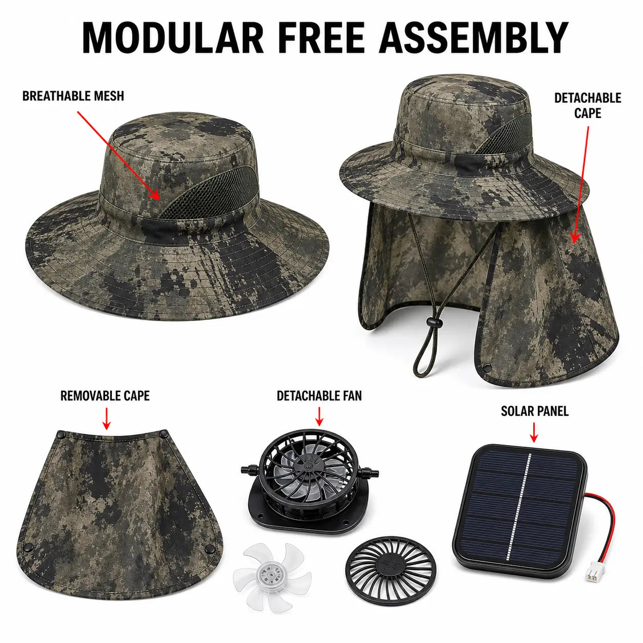 Modular Solar-Powered Cooling Hat with Built-In Rechargeable Fan - Lightweight Waterproof Sunshade Cap for Outdoor Activities and Sports Events