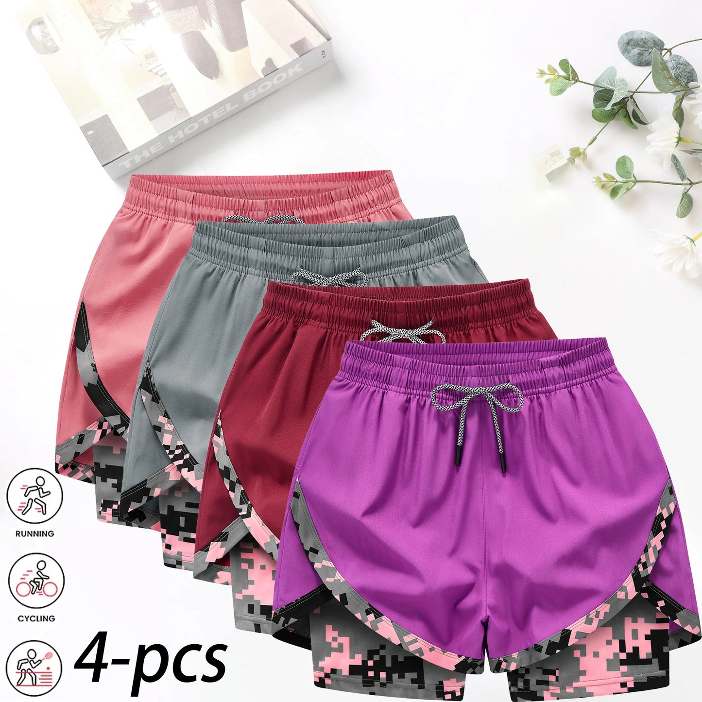 4-Pack Women's 2-in-1 Camouflage Running Shorts - Quick-Drying, Anti-Chafing Sportswear for Gym, Yoga, and Outdoor Activities