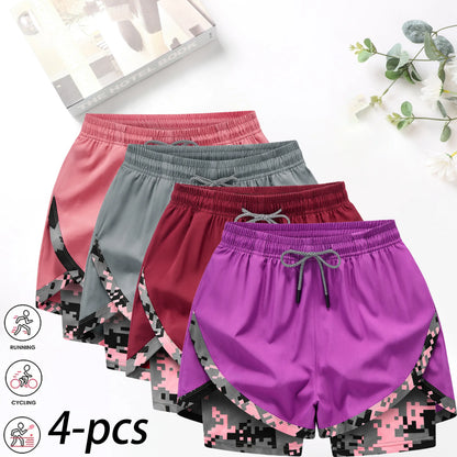 4-Pack Women's 2-in-1 Camouflage Running Shorts - Quick-Drying, Anti-Chafing Sportswear for Gym, Yoga, and Outdoor Activities