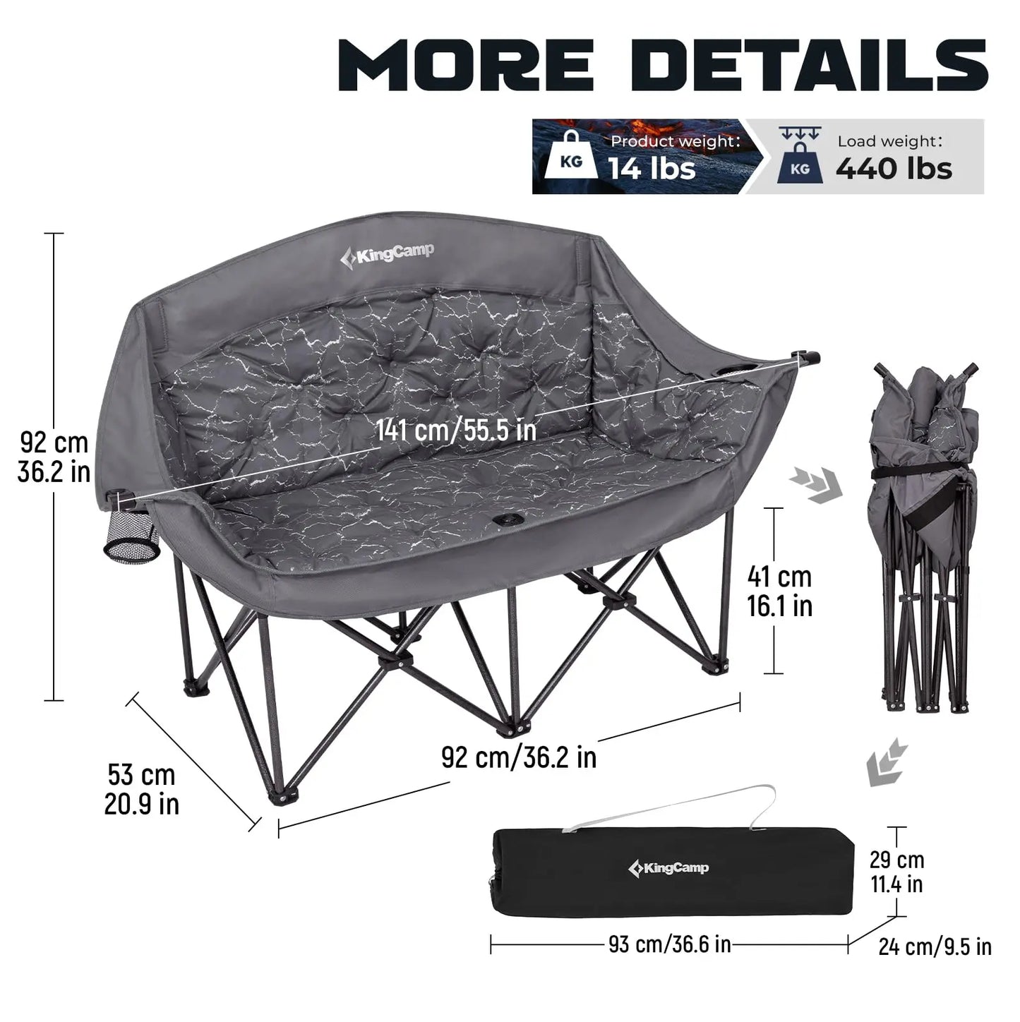 Kingcamp Oversized Double Camping Chair for Adults, Folding Padded Loveseat with Cup and Wine Glass Holders, Supports 440 lbs, Adjustable Portable Outdoor Couch