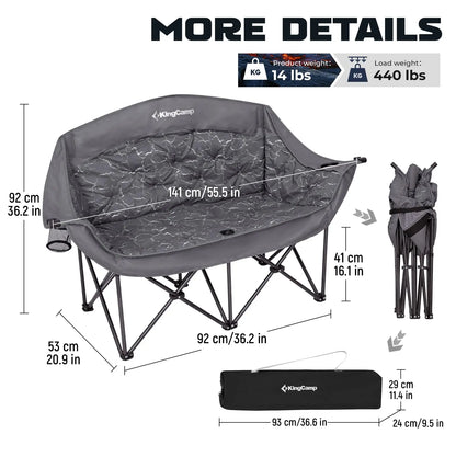 Kingcamp Oversized Double Camping Chair for Adults, Folding Padded Loveseat with Cup and Wine Glass Holders, Supports 440 lbs, Adjustable Portable Outdoor Couch