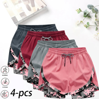 4-Pack Women's 2-in-1 Camouflage Running Shorts - Quick-Drying, Anti-Chafing Sportswear for Gym, Yoga, and Outdoor Activities