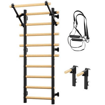 COFIYARD Wall-Mounted Wooden Swedish Ladder Gym with Pull-Up Bar, Dip Bars, and Workout Straps for Comprehensive Home Fitness Training