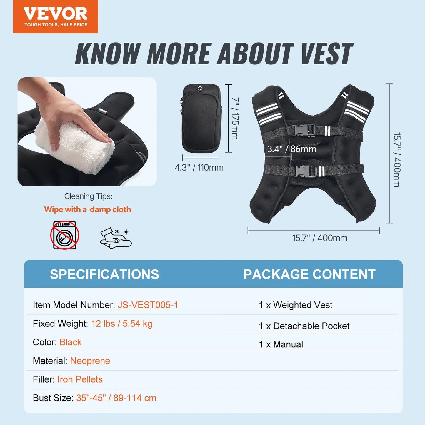 Vevor 12 lbs Weighted Vest with Reflective Stripe - Adjustable Body Weight Vest for Men and Women, Ideal for Strength Training, Running, Jogging, and Fitness Enhancement