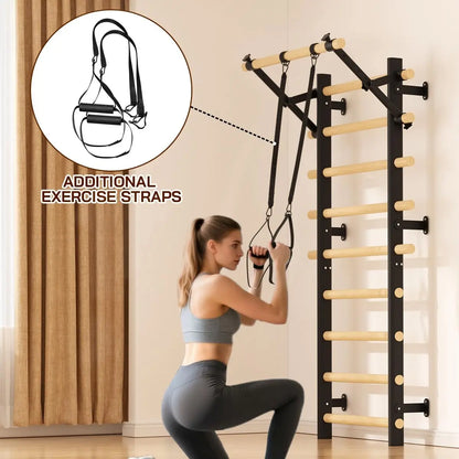 COFIYARD Wall-Mounted Wooden Swedish Ladder Gym with Pull-Up Bar, Dip Bars, and Workout Straps for Comprehensive Home Fitness Training