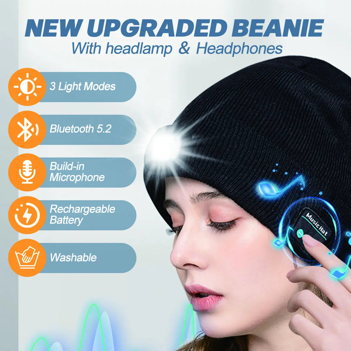 Bluetooth Beanie Hat with LED Headlight and Removable Speakers - USB Rechargeable Knit Winter Accessory for Music, Calls, and Outdoor Activities