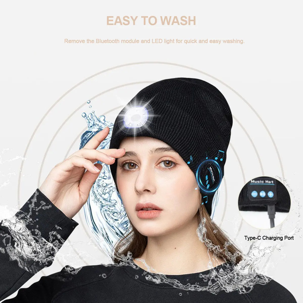 Bluetooth Beanie Hat with LED Headlight and Removable Speakers - USB Rechargeable Knit Winter Accessory for Music, Calls, and Outdoor Activities