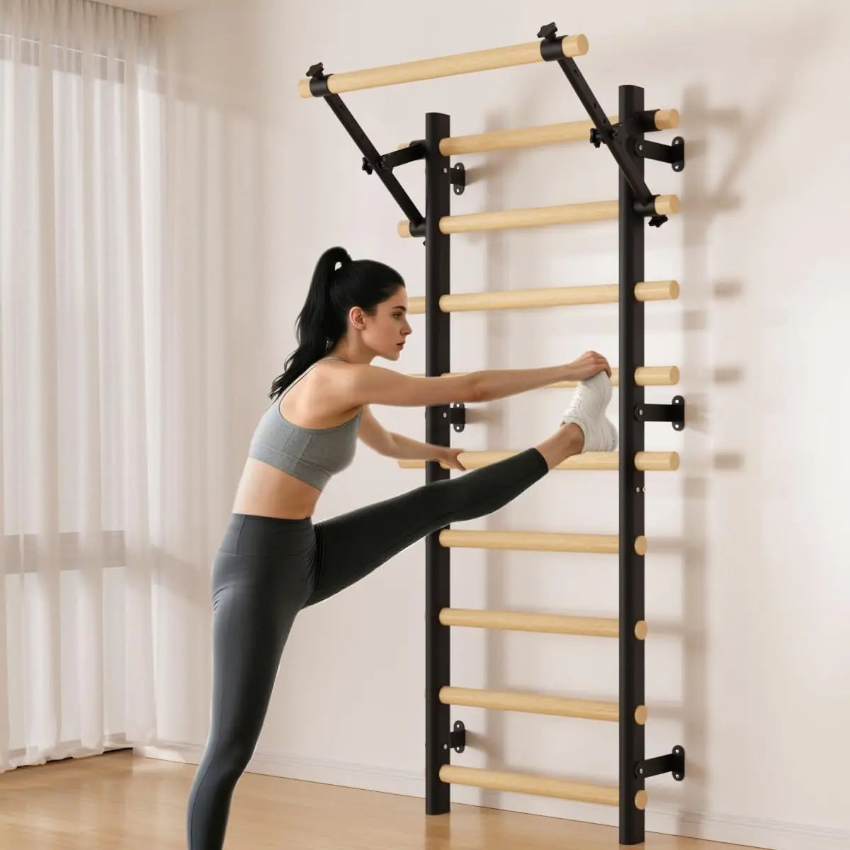 COFIYARD Wall-Mounted Wooden Swedish Ladder Gym with Pull-Up Bar, Dip Bars, and Workout Straps for Comprehensive Home Fitness Training