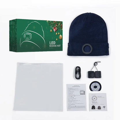 Bluetooth Beanie Hat with LED Headlight and Removable Speakers - USB Rechargeable Knit Winter Accessory for Music, Calls, and Outdoor Activities