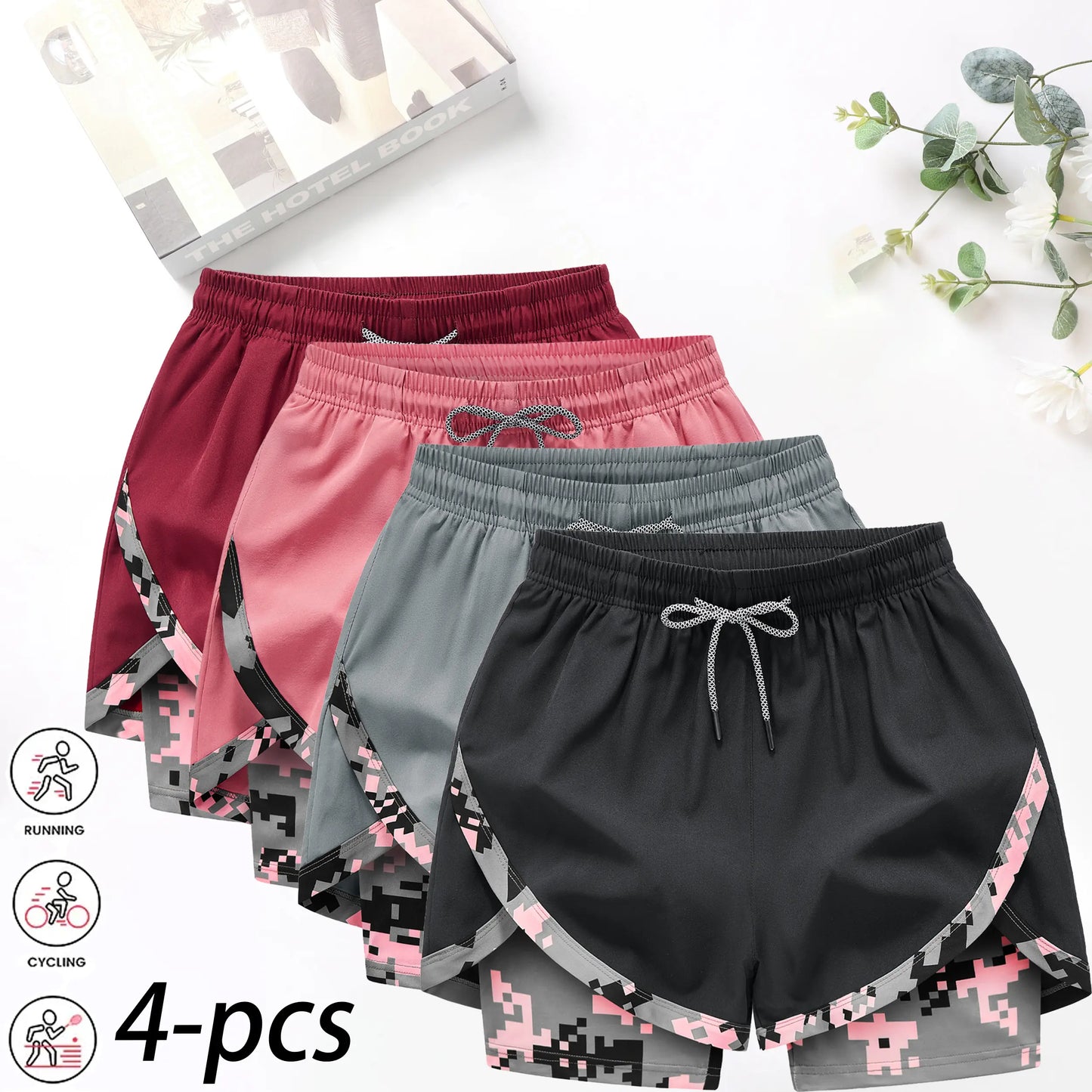 4-Pack Women's 2-in-1 Camouflage Running Shorts - Quick-Drying, Anti-Chafing Sportswear for Gym, Yoga, and Outdoor Activities