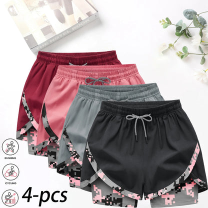 4-Pack Women's 2-in-1 Camouflage Running Shorts - Quick-Drying, Anti-Chafing Sportswear for Gym, Yoga, and Outdoor Activities